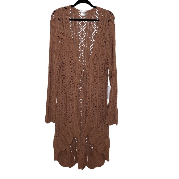 Venus Crochet Cardigan Womens 2X Brown Front Tie Tassel Cotton Longline Festival - Picture 2 of 10